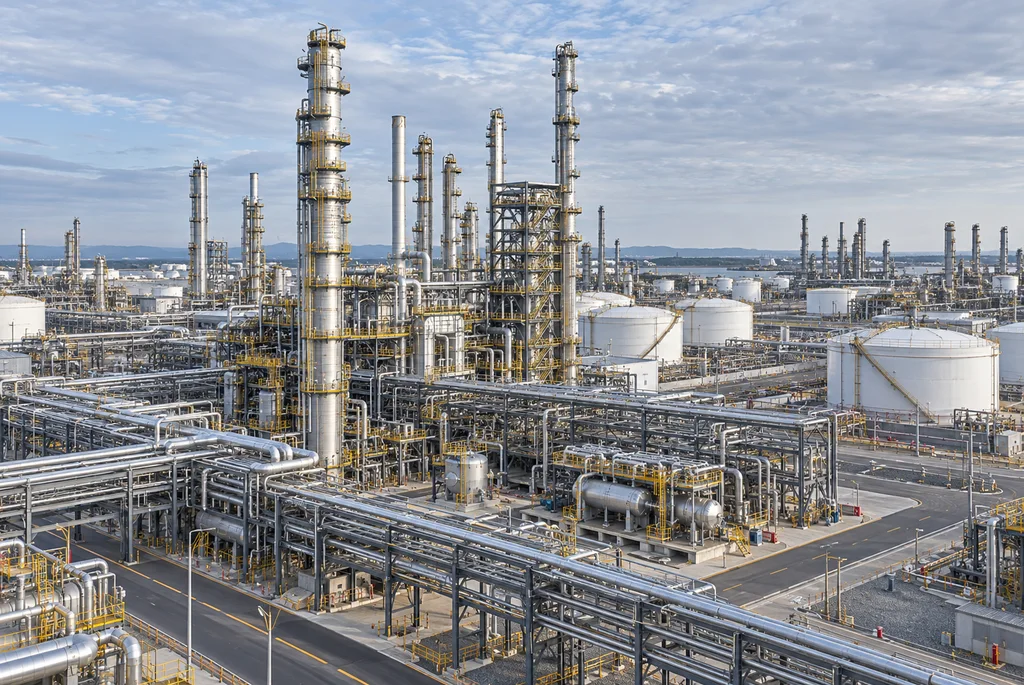 Illustration of a refinery and petrochemical process complex in neutral daylight